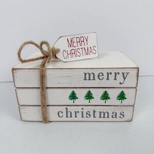 Merry Christmas Stacked Books Wood Decor Rustic Holiday Table Decoration